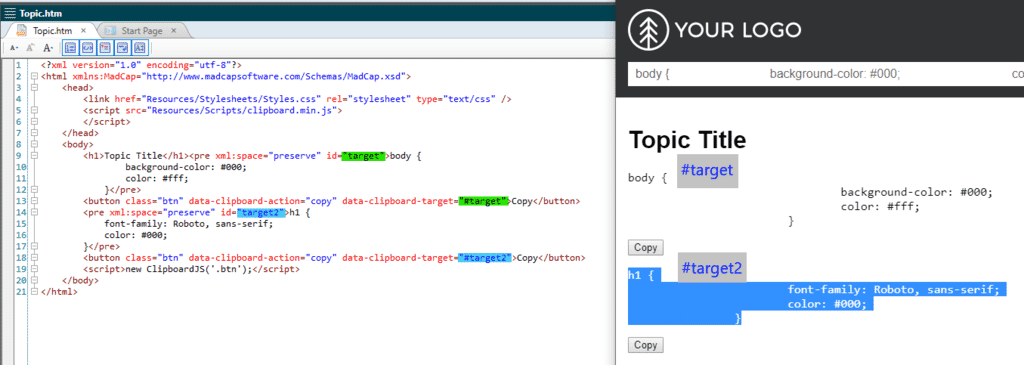 copy to clipboard functionality in madcap flare