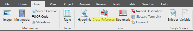 cross reference button on the ribbon