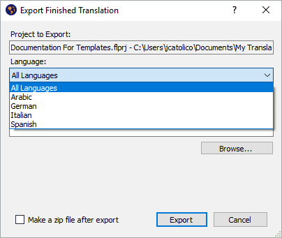 Export All Languages Enabled for a Single Project Screenshot